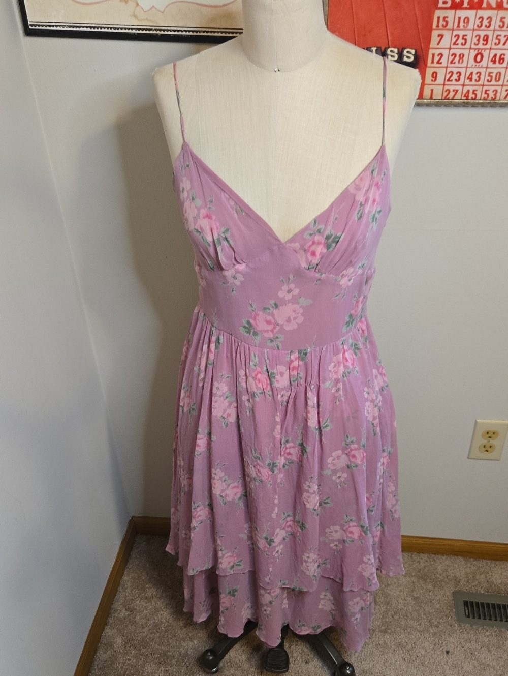 Y2K SILK Betsey Johnson Lavender Pink Floral Spaghetti-Strap Dress